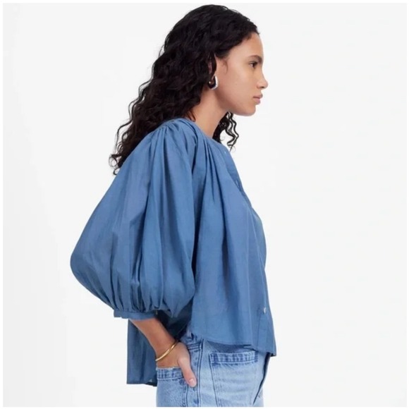 Madewell Blue Balloon Sleeve Top Button Front Top Size Large 2025 Style - Picture 9 of 16
